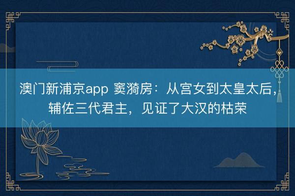 澳门新浦京app 窦漪房：从宫女到太皇太后，辅佐三代君主，见证了大汉的枯荣